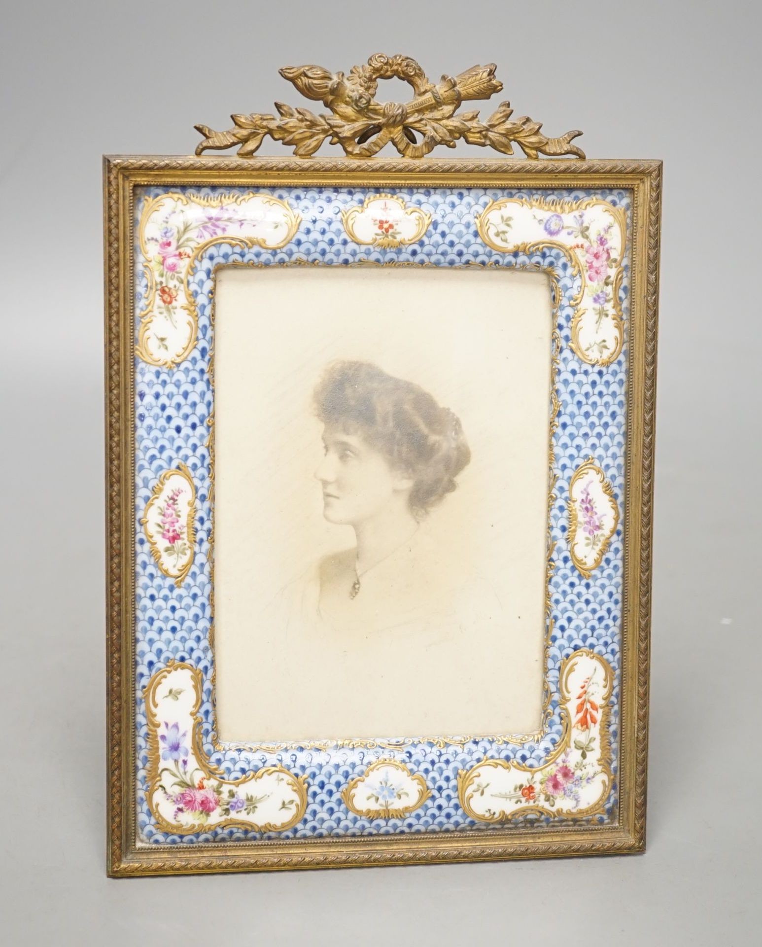 A late 19th century Dresden porcelain and ormolu mounted easel frame, height 23cm